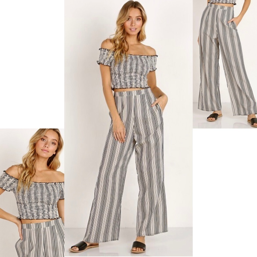 💋NWT Show Me Your Mumu BoHo Crop Top High Rise Striped Puddle Leg Pant Set